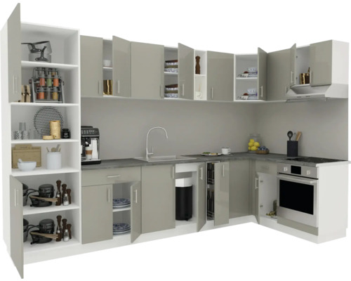 Bucătărie modernă de colț cu dulapuri superioare și inferioare, rafturi și electrocasnice încorporate.