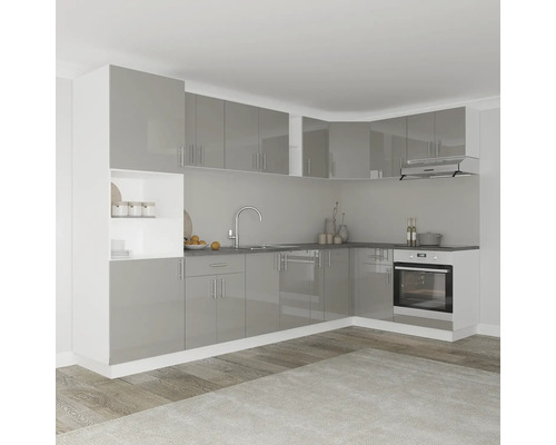 Bucătărie modernă de colț cu fronturi gri și elemente albe.