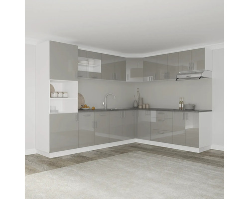 Bucătărie modernă de colț cu dulapuri suspendate, dulapuri inferioare și chiuvetă