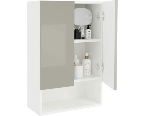 Dulap suspendat pentru baie cu rafturi și uși parțial deschise