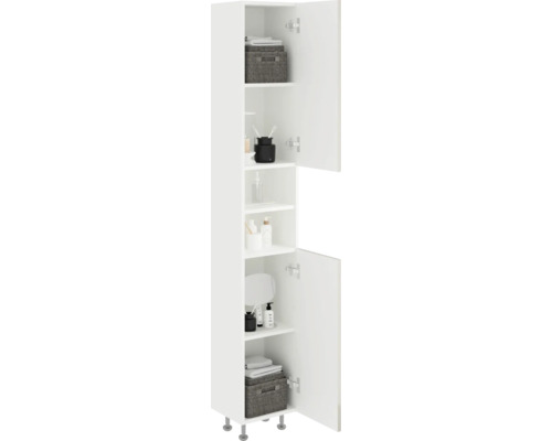 Dulap înalt de baie alb cu mai multe rafturi și uși deschise, plin cu articole de toaletă