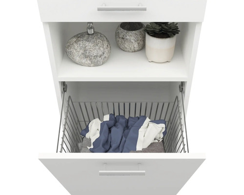 Dulap de baie alb cu accesorii și coș de rufe