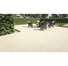 Terasa cu plăci de terasă deschise la culoare, mobilier de grădină și copac