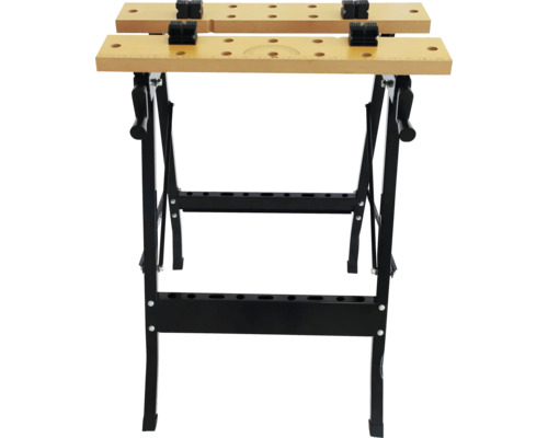 Banc de lucru cu blat din lemn și cadru metalic negru