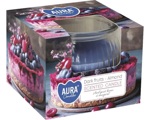 Lumânare parfumată Aura Candles fructe negre și migdale în ambalaj