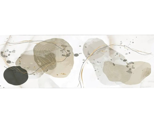 Faianță decorativă rectificată Aurora Grey mix 50x150 cm Lucrare de artă abstractă cu cercuri și linii pe fundal deschis