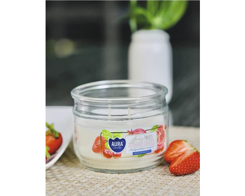 Lumânare parfumată în pahar cu etichetă de fructe