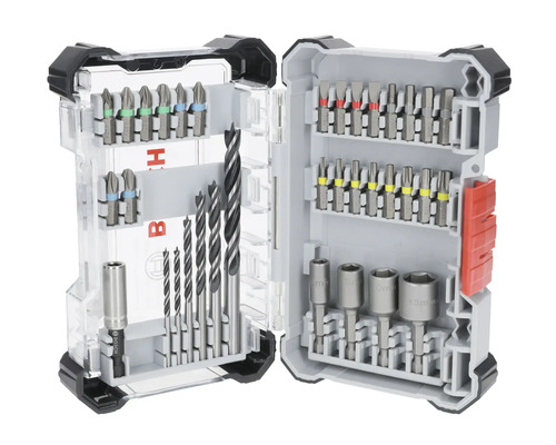 Set de burghie și biți în cutie de scule deschisă