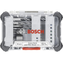 Sigla Bosch. Set de 35 de burghie și biți de șurubelniță pentru lemn într-o cutie transparentă din plastic.