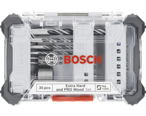 Set biți și burghie pentru lemn 35 piese 19,7cm PH1 / PH2 / PH3 Sigla Bosch. Set de 35 de burghie și biți de șurubelniță pentru lemn într-o cutie transparentă din plastic.