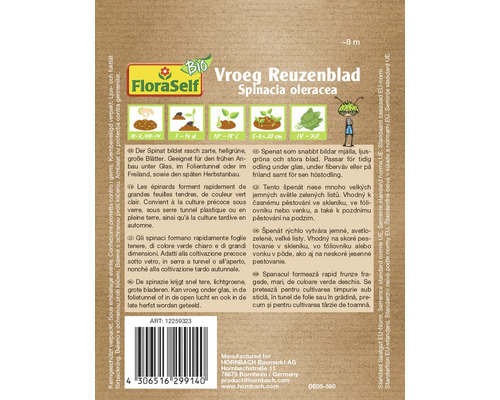 Semințe de spanac bio FloraSelf Vroeg Reuzenblad pentru cultivare în aer liber și în seră