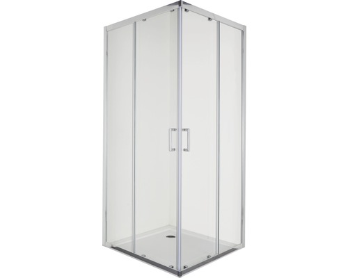 Cabină de duș pe colț cu uși din sticlă transparentă și cadru argintiu