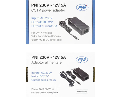 Adaptor de alimentare PNI 230V la 12V 5A CCTV pentru camere de supraveghere cu cablu de alimentare de 120 centimetri AC la DC