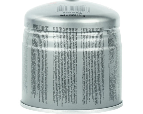 Cartuș de gaz cu avertismente și instrucțiuni de siguranță.