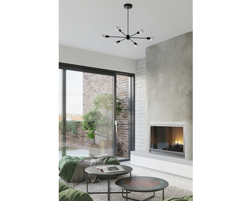 Cameră de zi cu șemineu, ușă franțuzească și plafonieră neagră