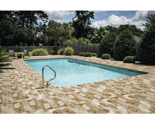 Piscină în grădină cu podea din gresie și scară