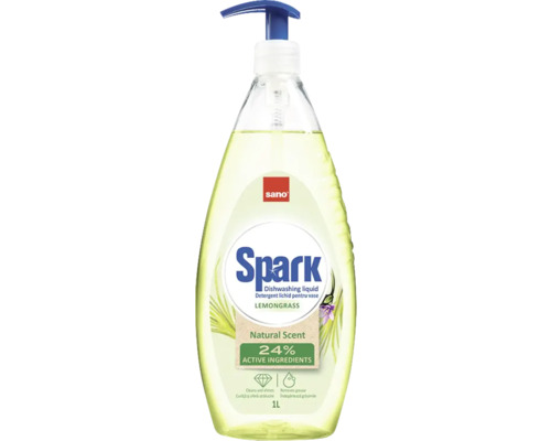 Detergent de vase Sano Spark cu parfum de lămâiță într-o sticlă de 1 litru