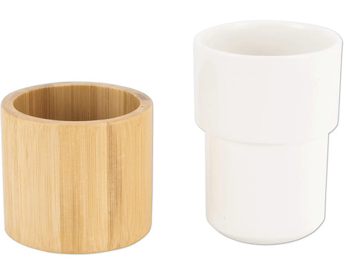 Set de baie constând dintr-un pahar pentru periuțe de dinți din bambus și un pahar pentru periuțe de dinți din ceramică