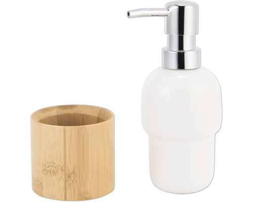 Dozator de săpun și pahar pentru periuțe de dinți din ceramică și bambus