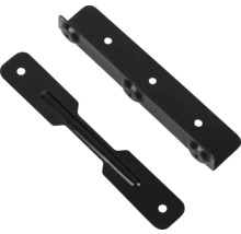 Două conectori negri de mobilier din metal cu găuri de fixare