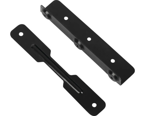 Două conectori negri de mobilier din metal cu găuri de fixare