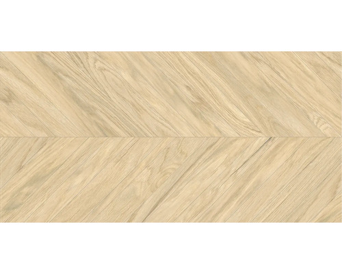 Gresie exterior / interior porțelanată glazurată rectificată Tilia Chevron bej 60x120 cm Plăci de pardoseală din lemn deschis la culoare, cu model herringbone