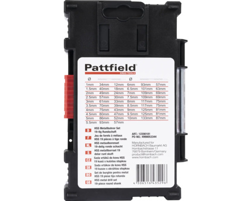 Set de burghie pentru metal Pattfield, HSS 19 piese tijă rotundă