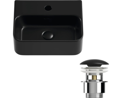 Lavoar ceramic negru, de blat, cu set de scurgere