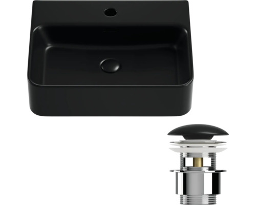 Lavoar ceramic negru, cu montare pe blat, cu set de scurgere