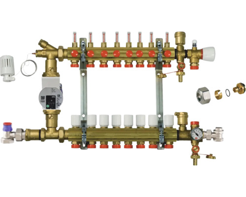 Kit distribuitor-colector cu grup de pompare Giacomini, 8 circuite Distribuitor încălzire prin pardoseală cu pompă și cap termostatic