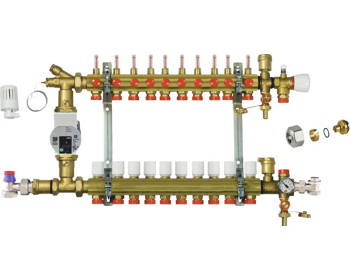 Kit distribuitor-colector cu grup de pompare Giacomini, 10 circuite Distribuitor de încălzire prin pardoseală din alamă cu pompă, termostat și accesorii