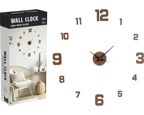Ceas de perete de auto-proiectare cu aspect de lemn închis la culoare și ambalaj.
