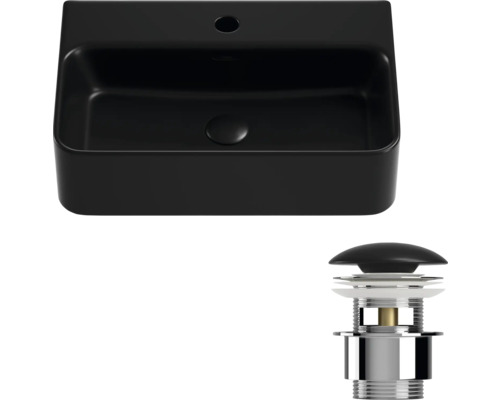 Lavoar negru pe blat cu ventil de scurgere