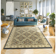 Cameră de zi cu covor cu model, canapea, rafturi și elemente decorative pentru o atmosferă luminoasă și organizată.