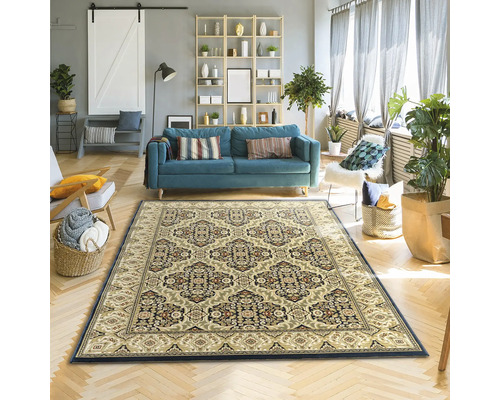 Cameră de zi cu covor cu model, canapea, rafturi și elemente decorative pentru o atmosferă luminoasă și organizată.