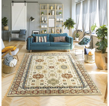 Living cu covor cu model, canapea și rafturi.