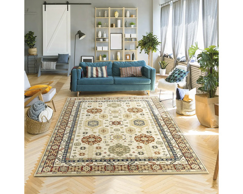 Living cu covor cu model, canapea și rafturi.