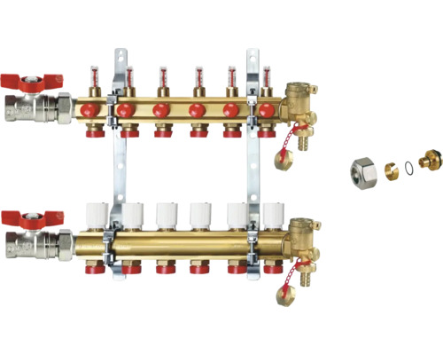 Distribuitor încălzire pardoseală din alamă cu debitmetre și accesorii