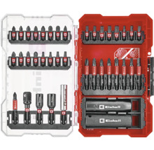 Set de biți cu logo Einhell cu diverși biți și atașamente într-o cutie din plastic roșie