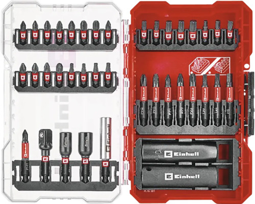 Set de biți cu logo Einhell cu diverși biți și atașamente într-o cutie din plastic roșie