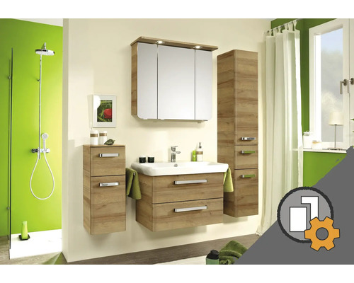 Baie cu dulap de bază pentru lavoar, dulap cu oglindă și dulap înalt cu aspect de lemn