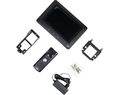 Componente ale unui sistem de interfon pentru uși, inclusiv ecran, cameră, suporturi de montare, sursă de alimentare și șuruburi