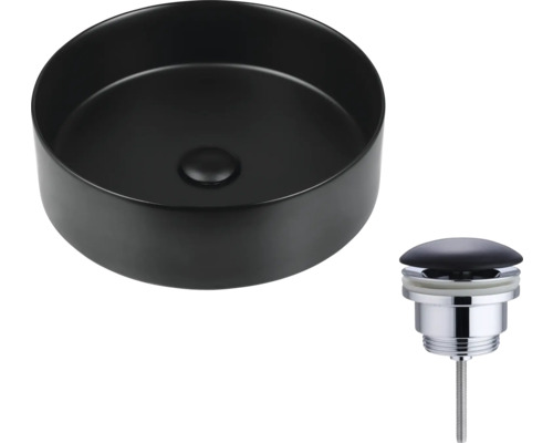 Lavoar ceramic negru, montat pe blat, cu set de scurgere