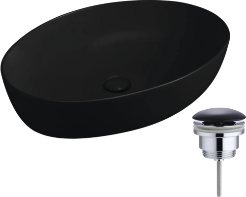 Chiuvetă neagră ceramică, montată pe blat, cu set de scurgere