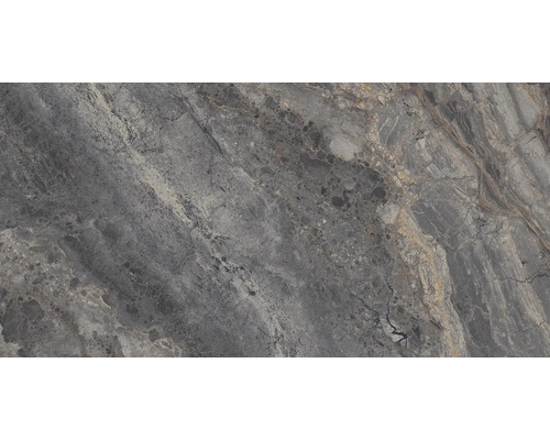Gresie exterior / interior porțelanată glazurată rectificată Lucca Nero 60x120 cm Prim-plan cu o faianță gri cu model de marmură