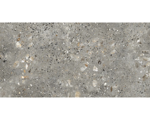 Prim-plan cu o placă de podea gri cu decor de piatră