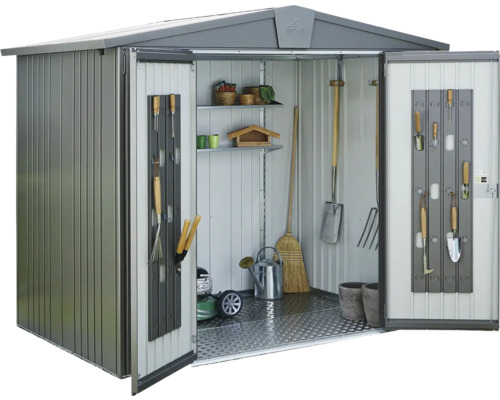 Șopron de grădină metalic deschis, cu unelte de grădinărit