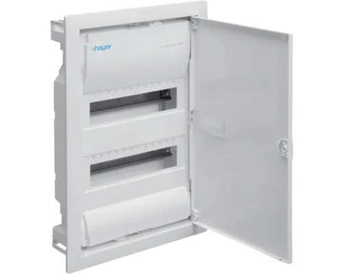 Tablou distribuție electrică Hager Volta 2x12 module IP30, montaj îngropat Logo Hager cutie de distribuție cu ușa deschisă