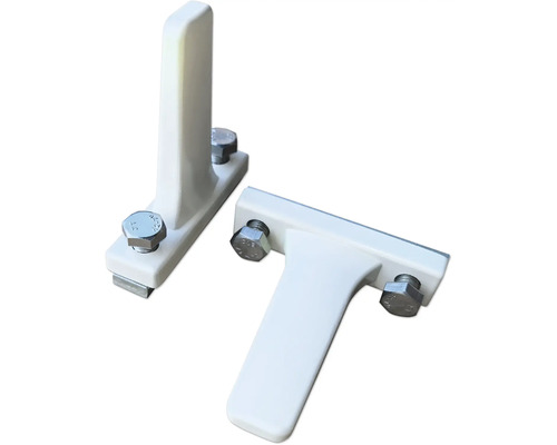 Două suporturi albe pentru mânere de ferestre în formă de T cu șuruburi