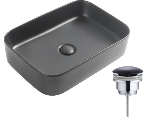 Chiuvetă ceramică dreptunghiulară, montată pe blat, cu ventil de scurgere